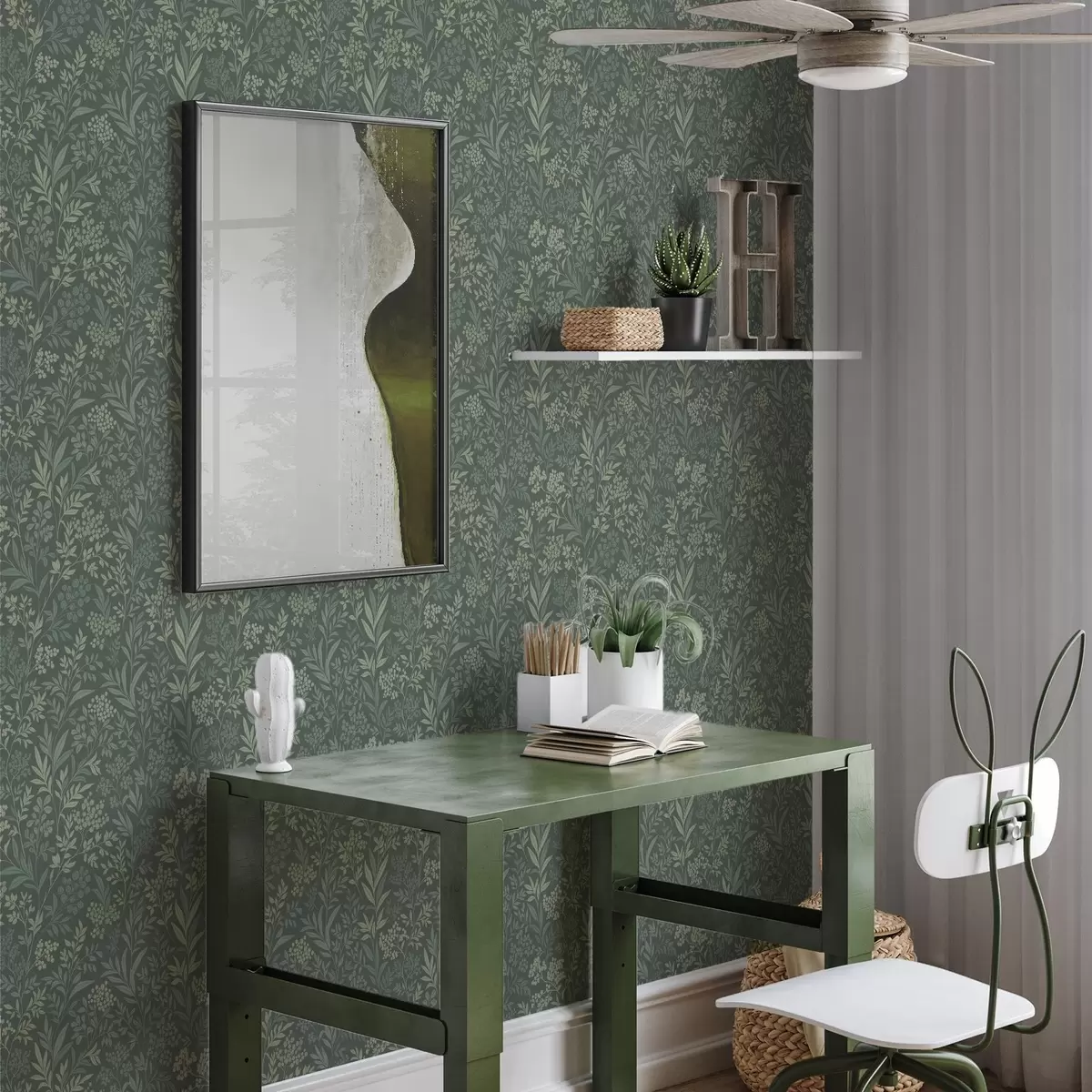 Papel de parede Ervas e bagas esmeraldas, padrão botânico delicado a00740