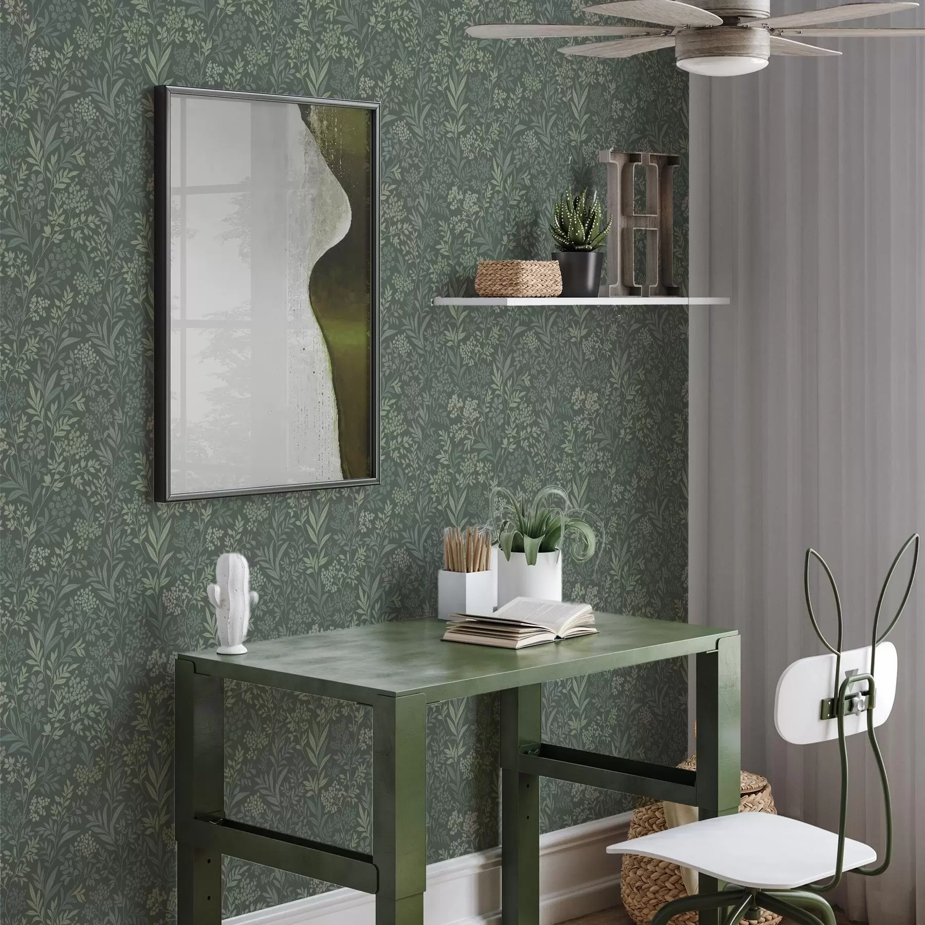 murais de parede Ervas e bagas esmeraldas, padrão botânico delicado a00740