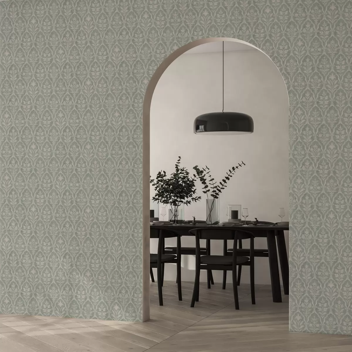 Papel de parede Damasco menta com finos medalhões florais a00741