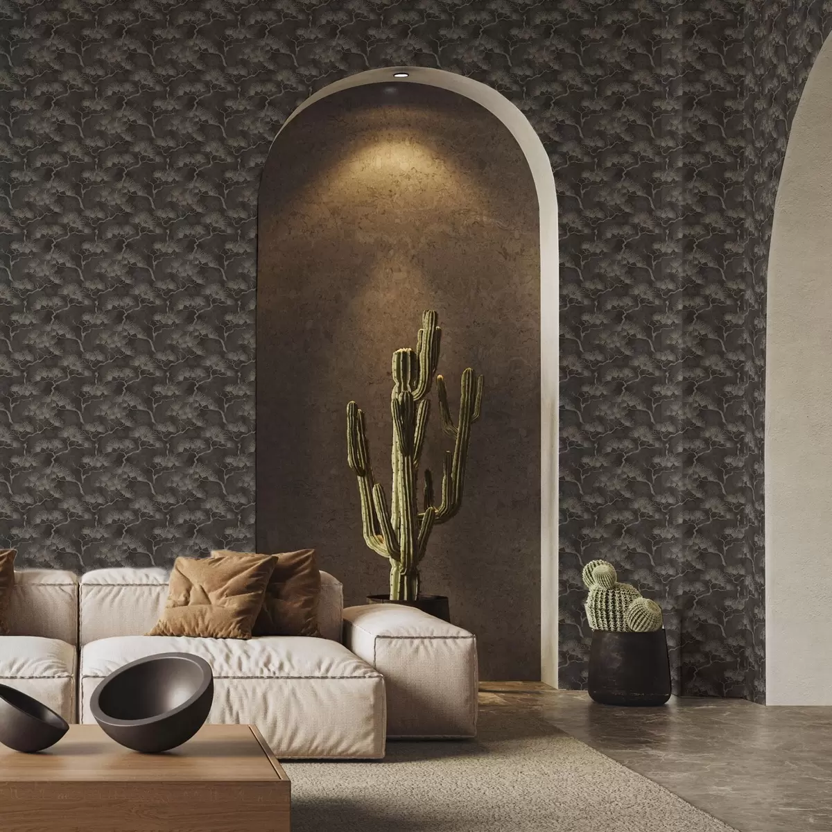 Papel de parede Silhuetas de pinheiros em um fundo escuro, textura enevoada a00742