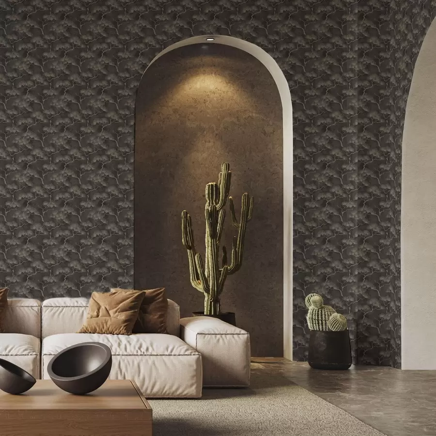 murais de parede Silhuetas de pinheiros em um fundo escuro, textura enevoada a00742