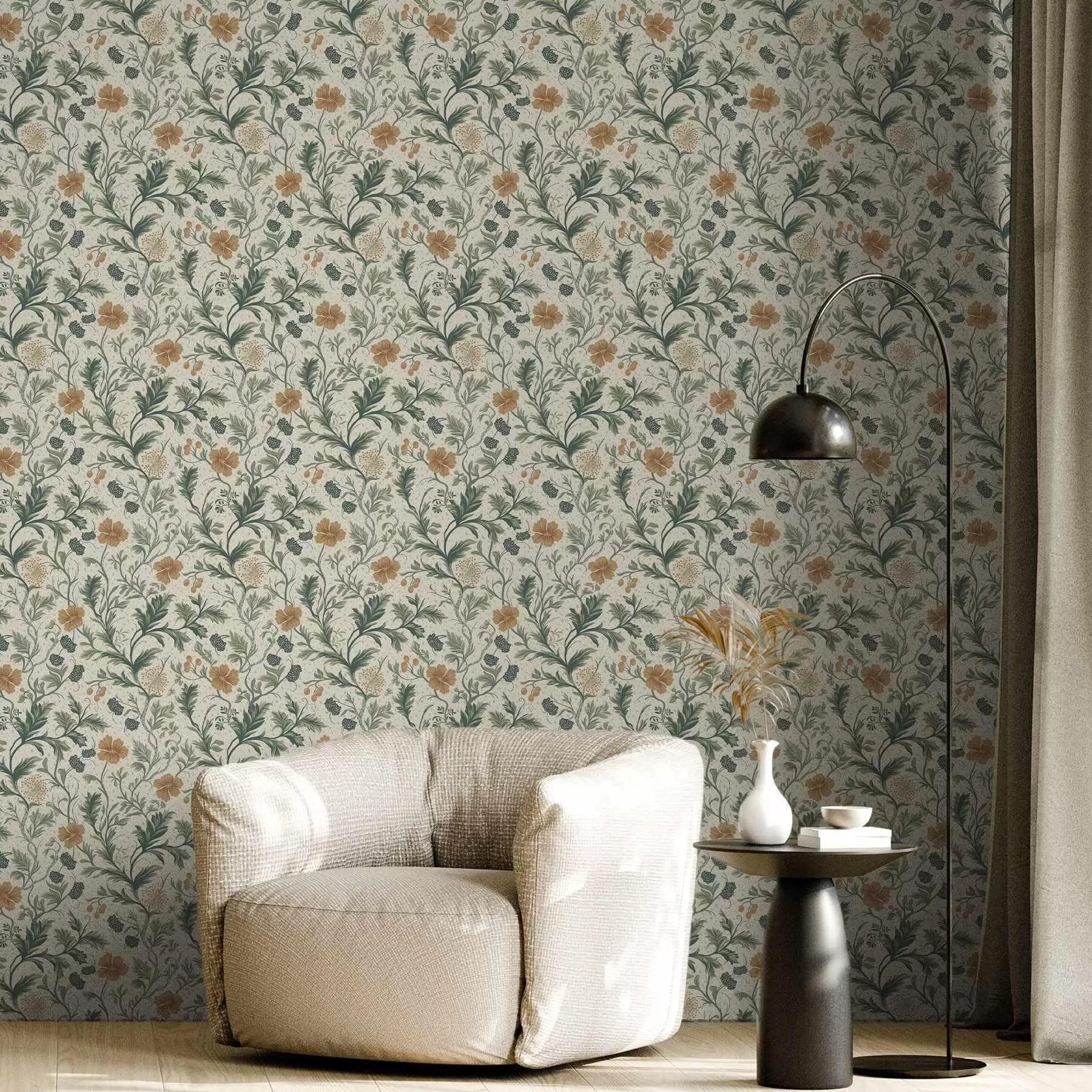 murais de parede Galhos finos com flores e bagas sobre um fundo granulado a00744