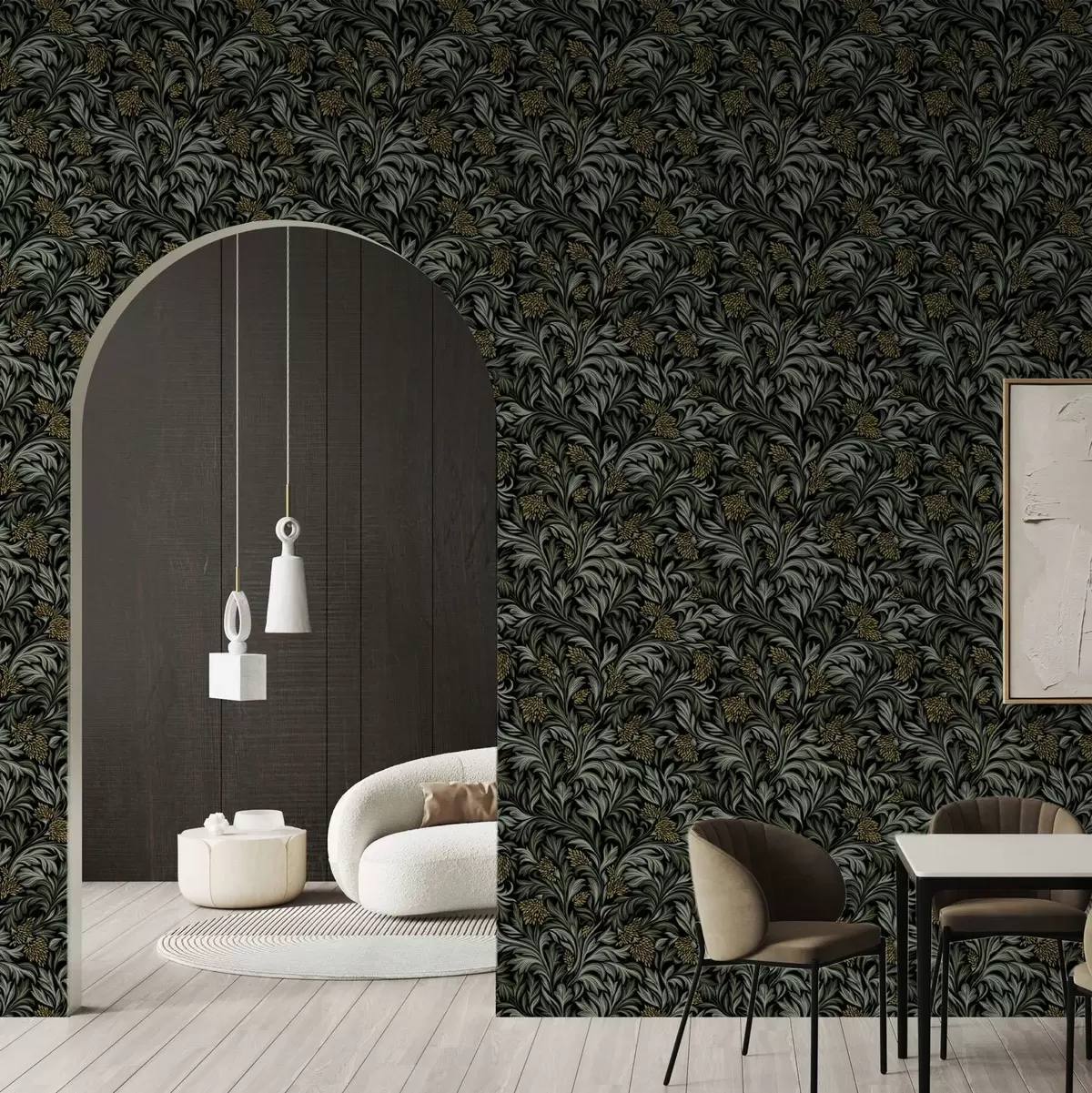 Papel de parede Folhas escuras de acanto com cones amarelos sobre fundo preto a00745