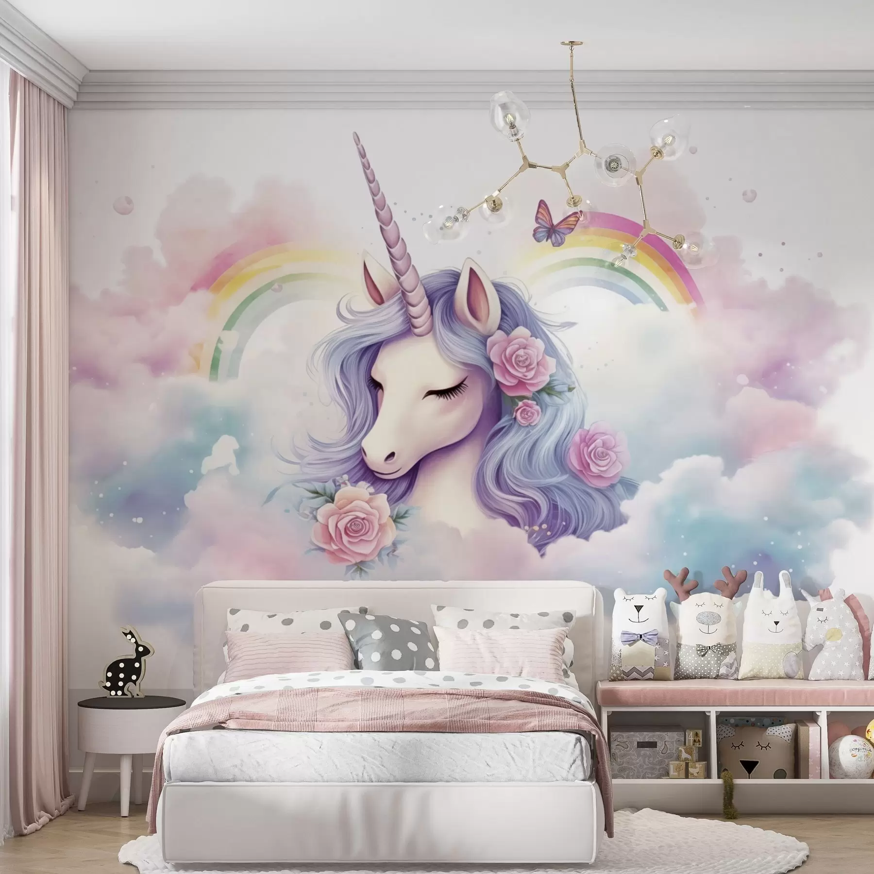 murais de parede Unicórnio pastel nas nuvens com arco-íris e rosas w03990