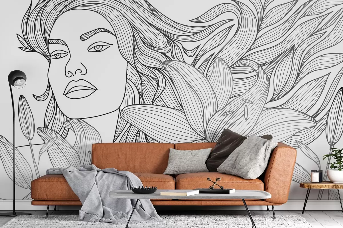 murais de parede Retrato de uma menina entre flores de lírio w04689