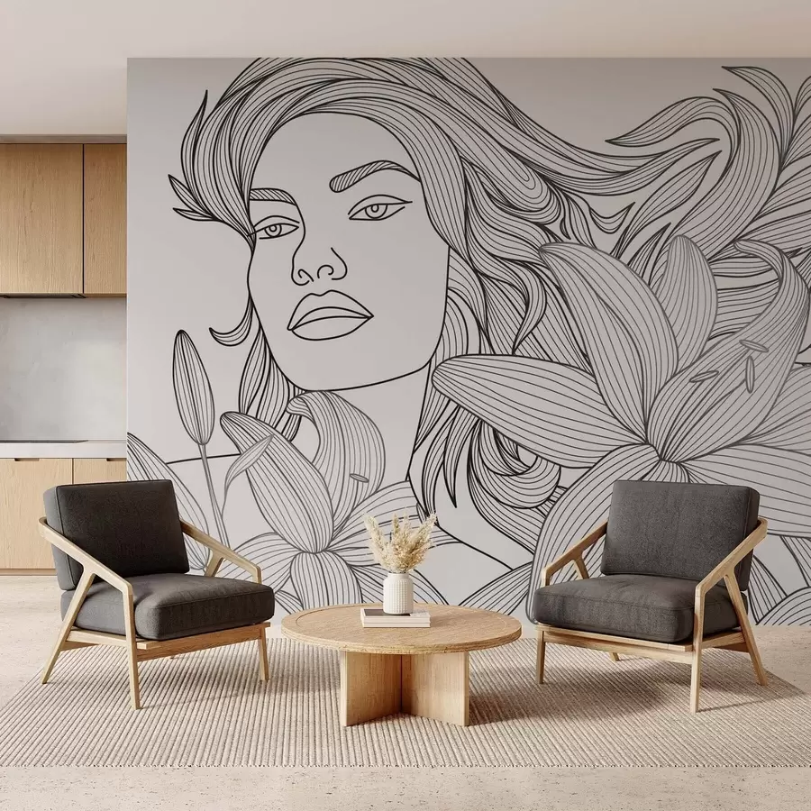 murais de parede Retrato de uma menina entre flores de lírio w04689