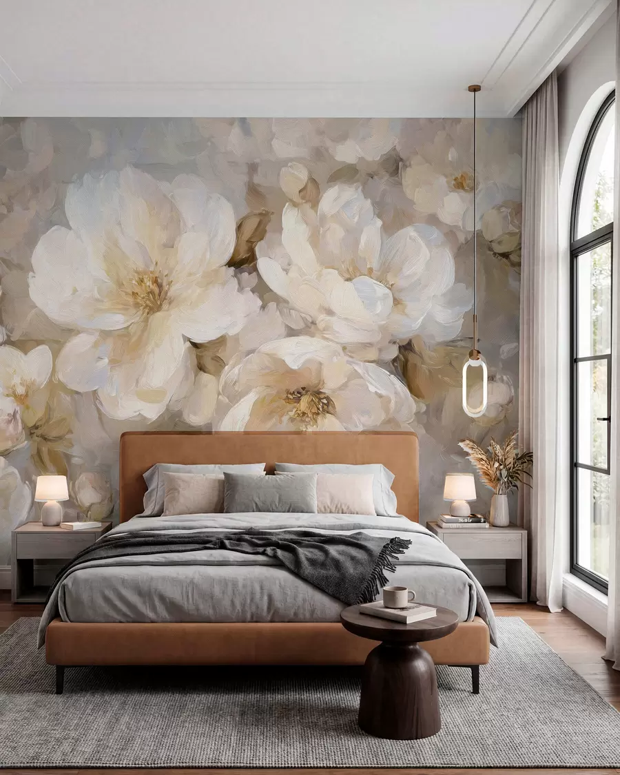 murais de parede flores grandes em tons de branco e bege no estilo da pintura a óleo w04633