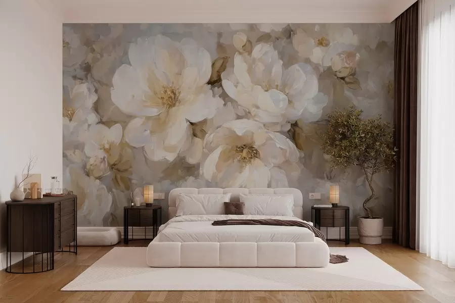 murais de parede flores grandes em tons de branco e bege no estilo da pintura a óleo w04633
