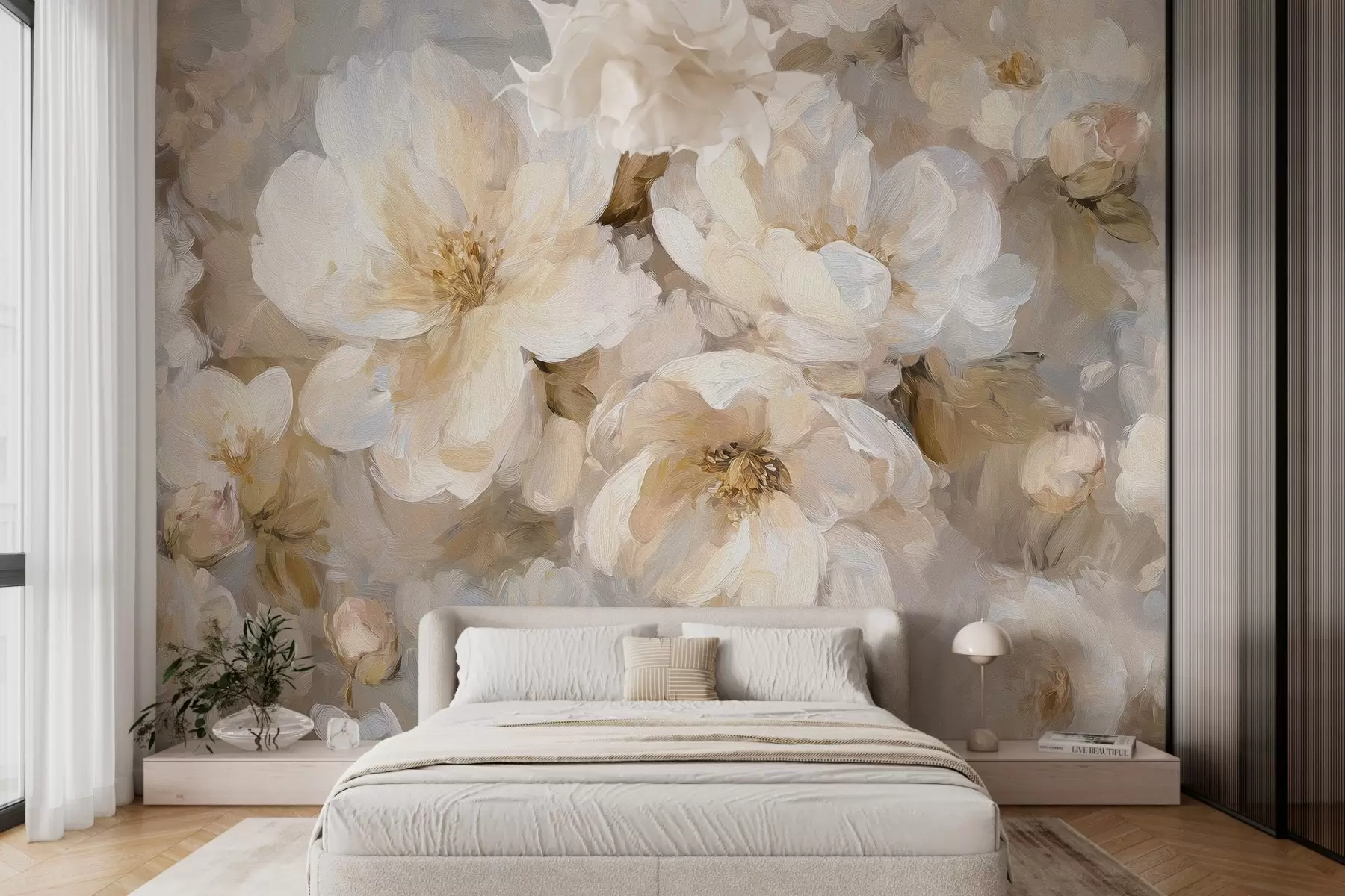 murais de parede flores grandes em tons de branco e bege no estilo da pintura a óleo w04633