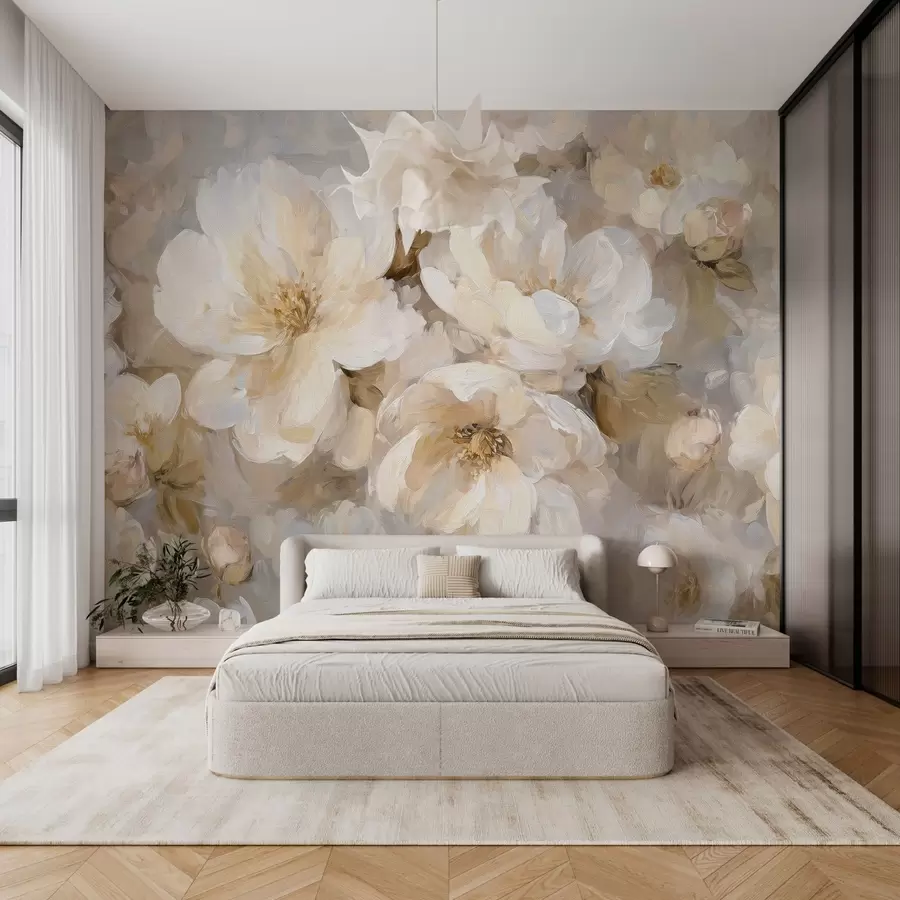 murais de parede flores grandes em tons de branco e bege no estilo da pintura a óleo w04633