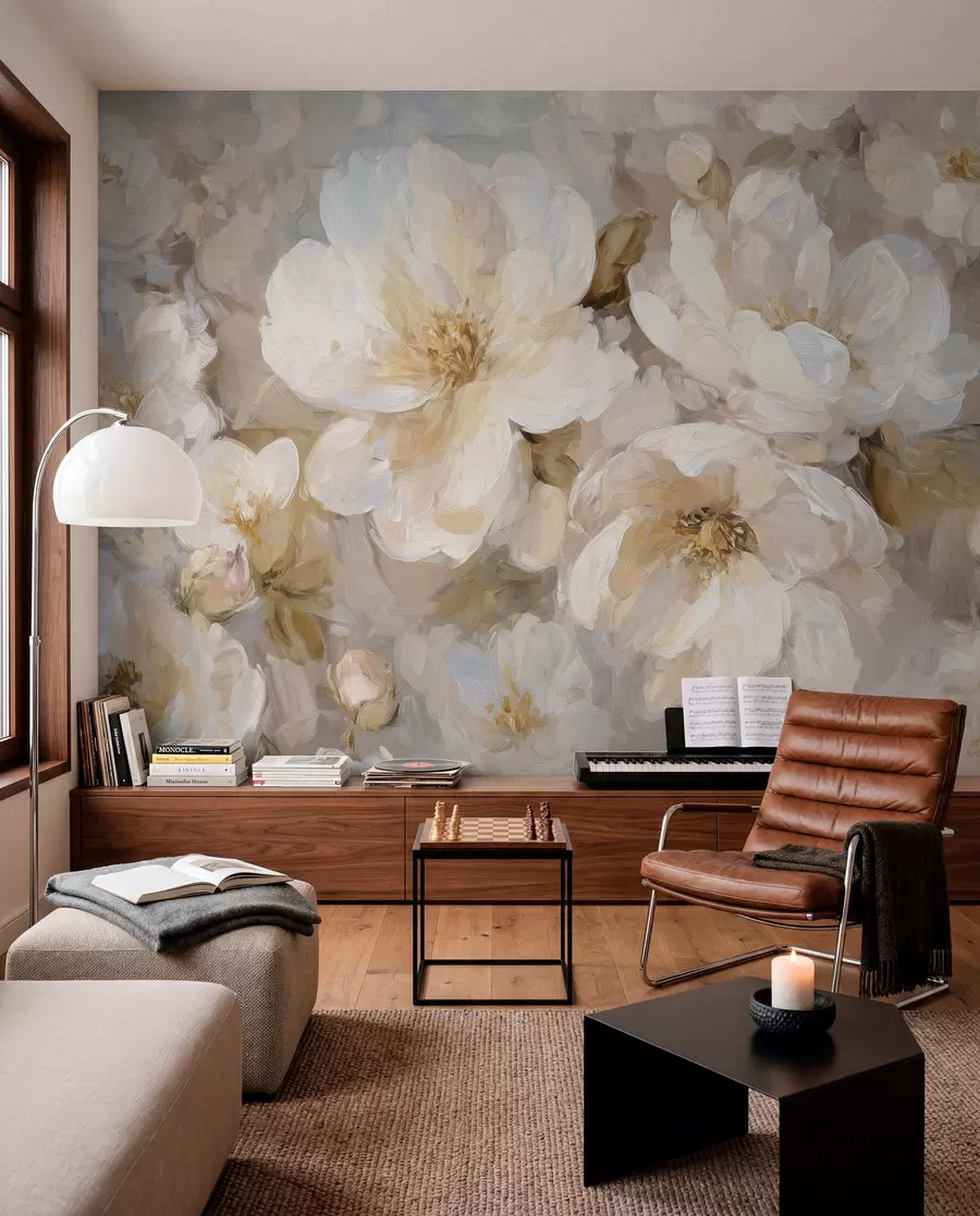murais de parede flores grandes em tons de branco e bege no estilo da pintura a óleo w04633