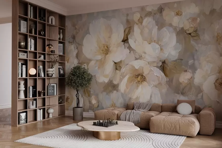 murais de parede flores grandes em tons de branco e bege no estilo da pintura a óleo w04633