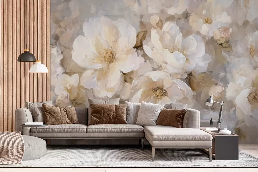 murais de parede flores grandes em tons de branco e bege no estilo da pintura a óleo w04633