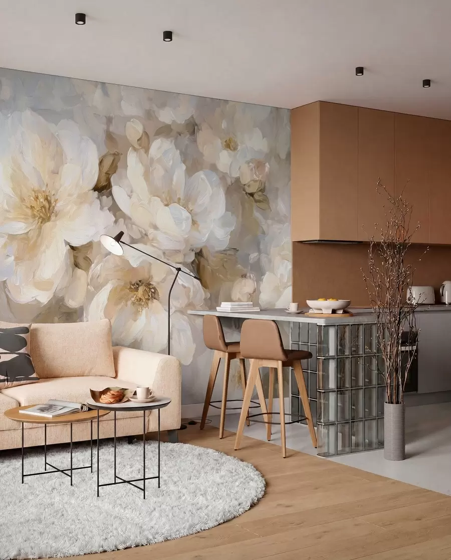 murais de parede flores grandes em tons de branco e bege no estilo da pintura a óleo w04633