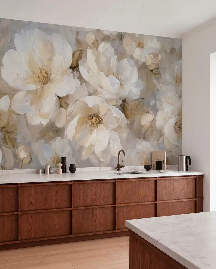 murais de parede flores grandes em tons de branco e bege no estilo da pintura a óleo w04633