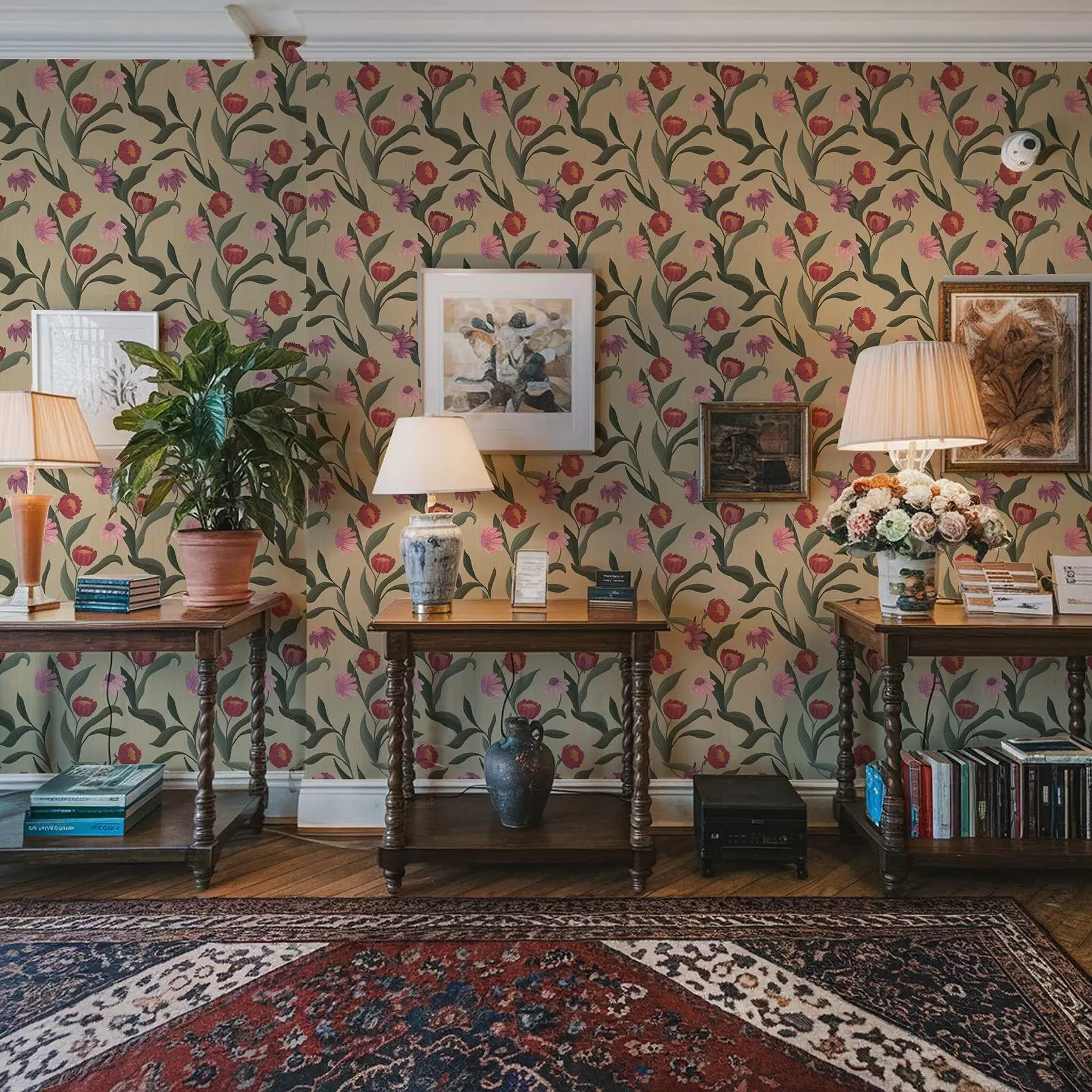 murais de parede Flores rosa-avermelhadas sobre fundo bege, textura desenhada à mão a00631