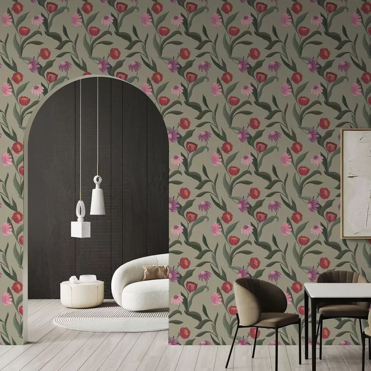 Papel de parede Flores rosa-avermelhadas sobre fundo verde-oliva, textura de tela a00631v1