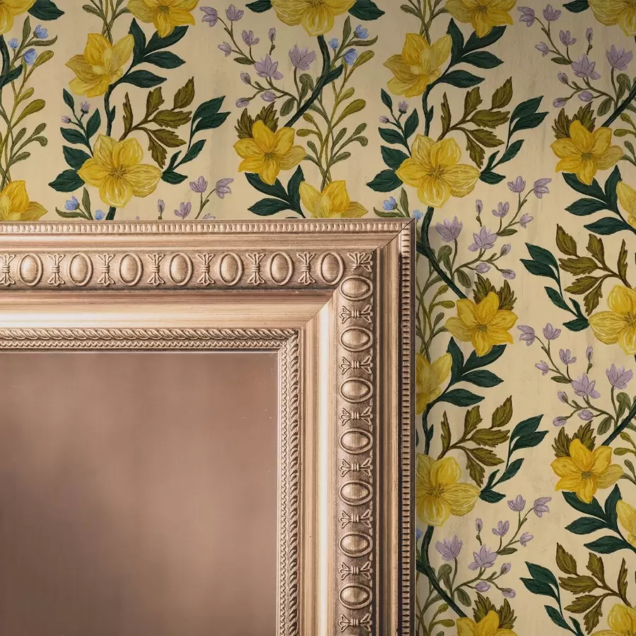 murais de parede Flores amarelas em guirlandas verticais sobre fundo creme a00632