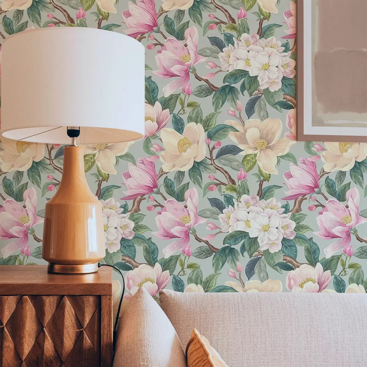 Papel de parede Magnólias e flores brancas sobre um fundo cinza-menta a00644