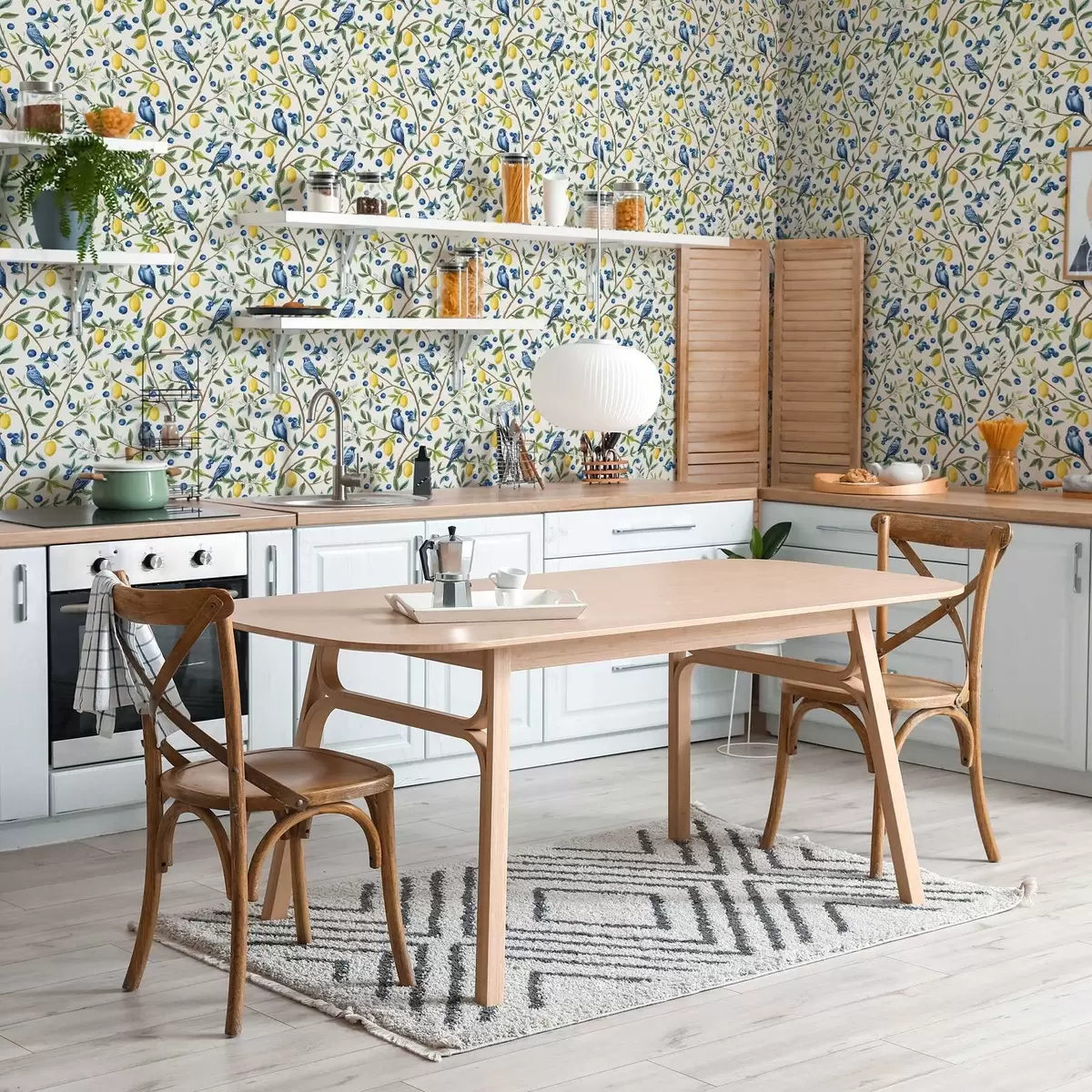 Papel de parede Pássaros azuis, limões e bagas sobre fundo branco a00668