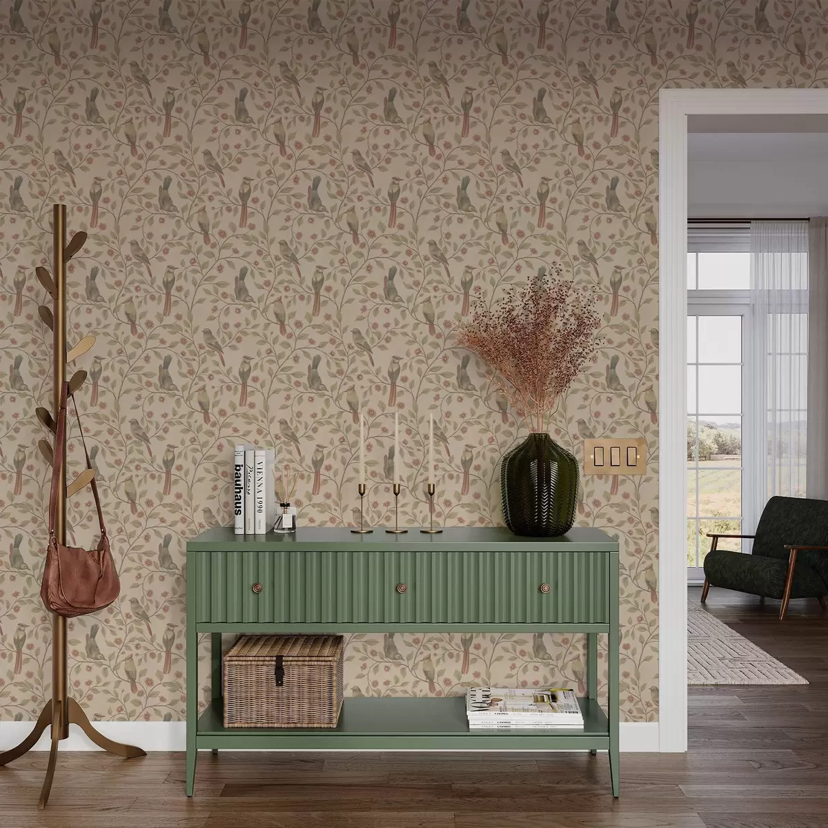 Papel de parede Pássaros em galhos floridos, fundo bege quente a00670