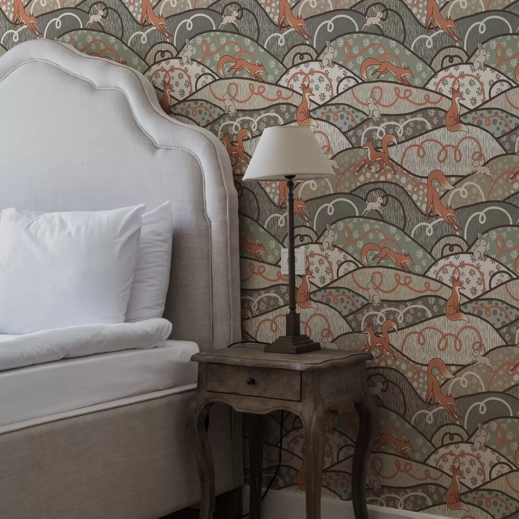 murais de parede Raposas e lebres em colinas onduladas, padrão retrô a00690