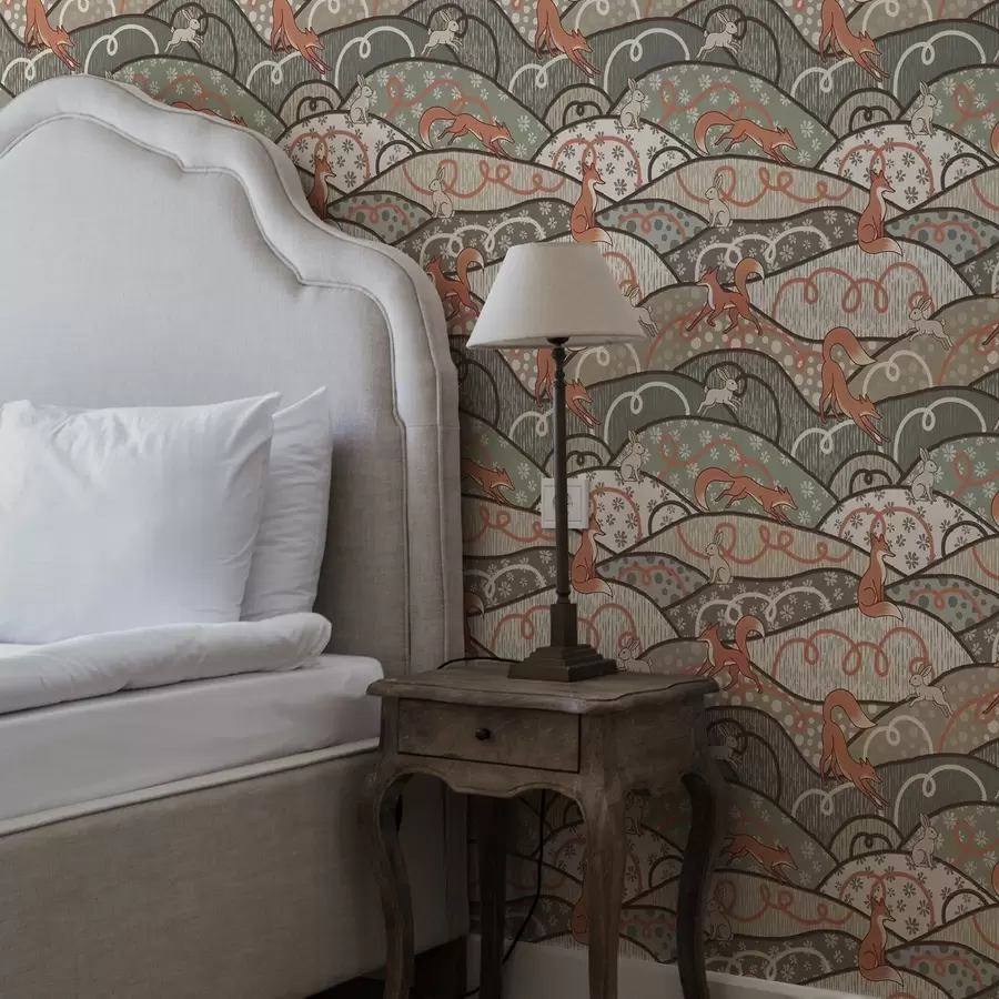 murais de parede Raposas e lebres em colinas onduladas, padrão retrô a00690