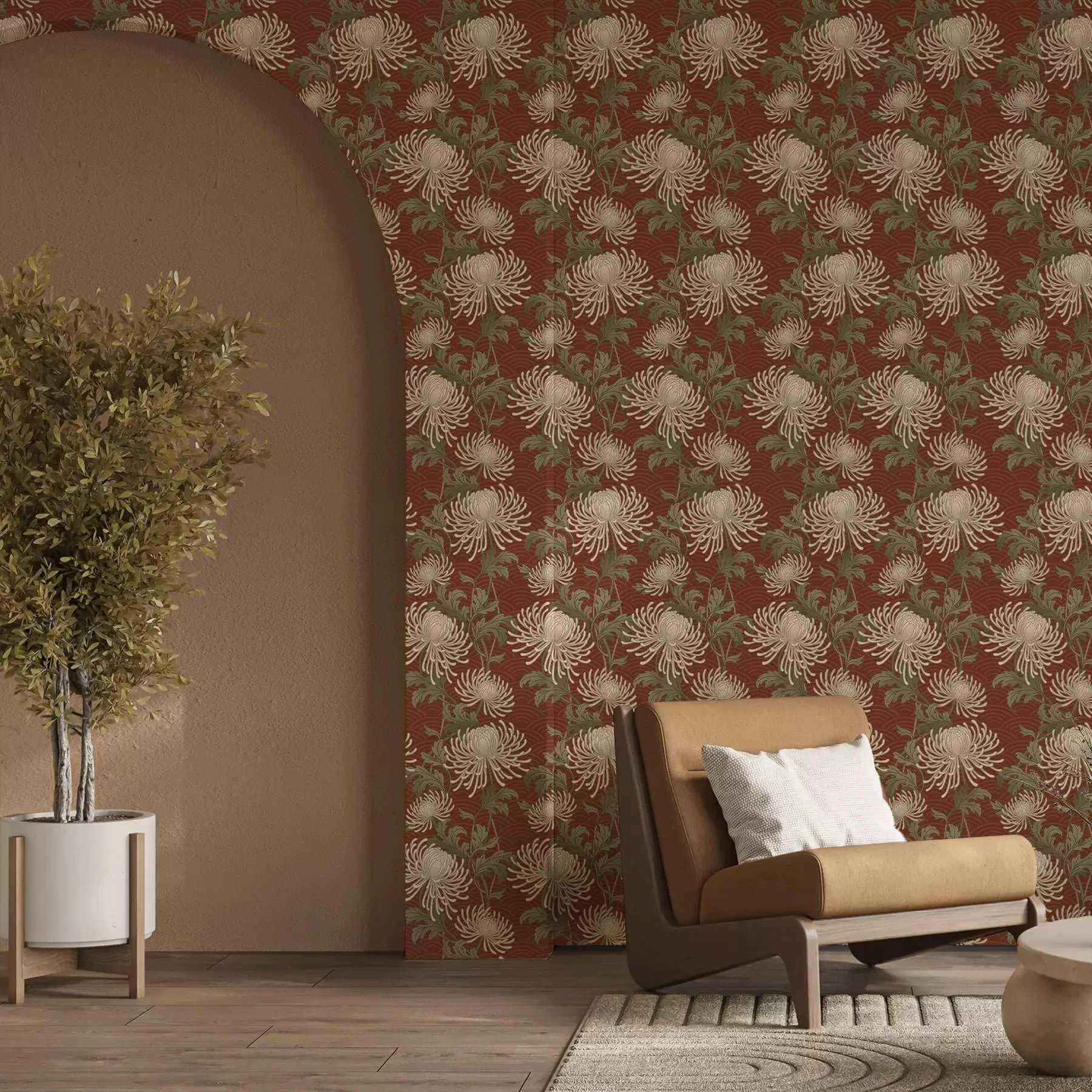 murais de parede Crisântemos creme sobre fundo terracota, estilo asiático a00693