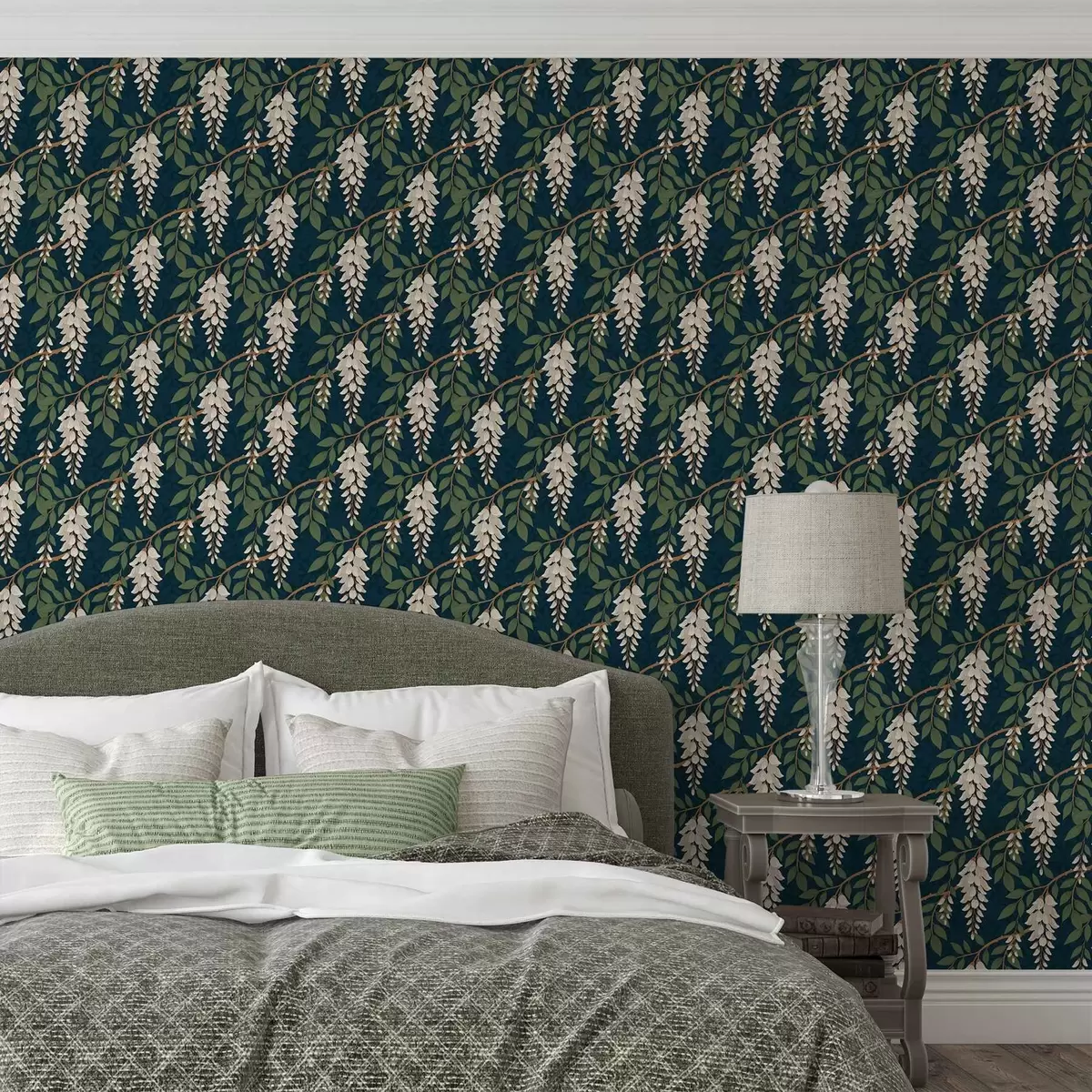 Papel de parede Glicínia marfim sobre fundo azul-petróleo escuro a00694v1