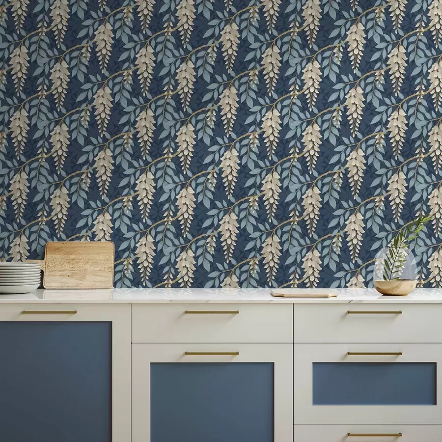 murais de parede Glicínia com folhas azuis sobre fundo azul escuro a00694v2