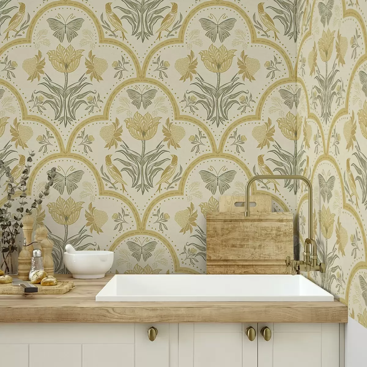 Papel de parede Ornamento com tulipa, pássaros e borboletas, ocre a00722