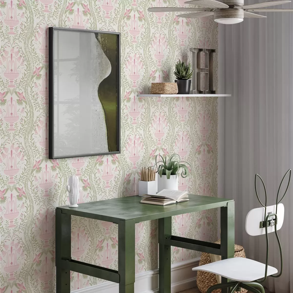 Papel de parede Fontes, beija-flores e arabescos verdes sobre um fundo claro a00723