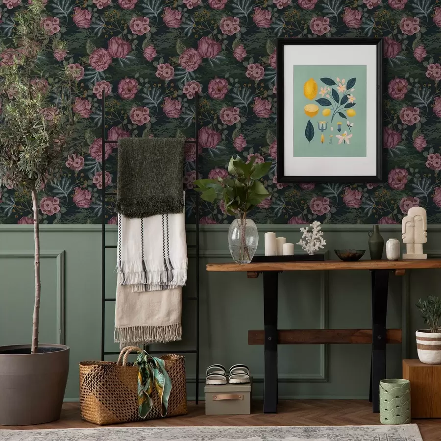 murais de parede Flora escura com flores e folhas cor-de-rosa, fundo escuro a00724