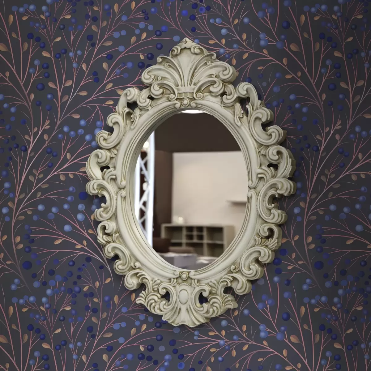 Papel de parede Galhos rosa-acastanhados e bagas azuis sobre fundo grafite a00787