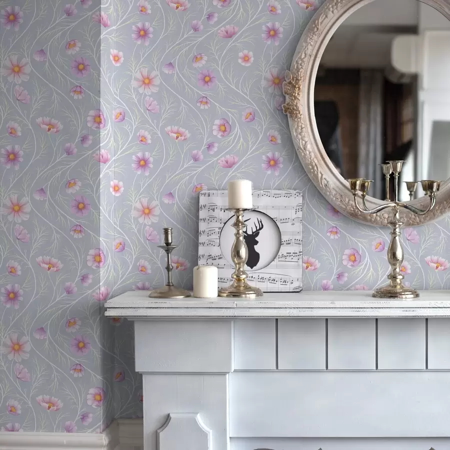 murais de parede Cosmos rosa e hastes delgadas sobre fundo cinza a00791