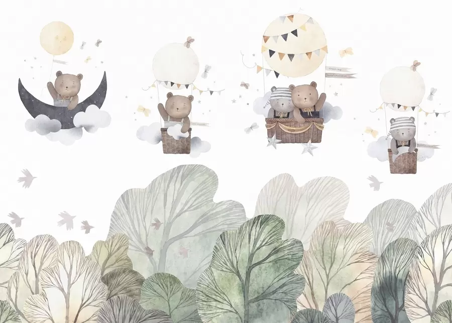 murais de parede Balões em estilo aquarela com ursos sobre a floresta w09437