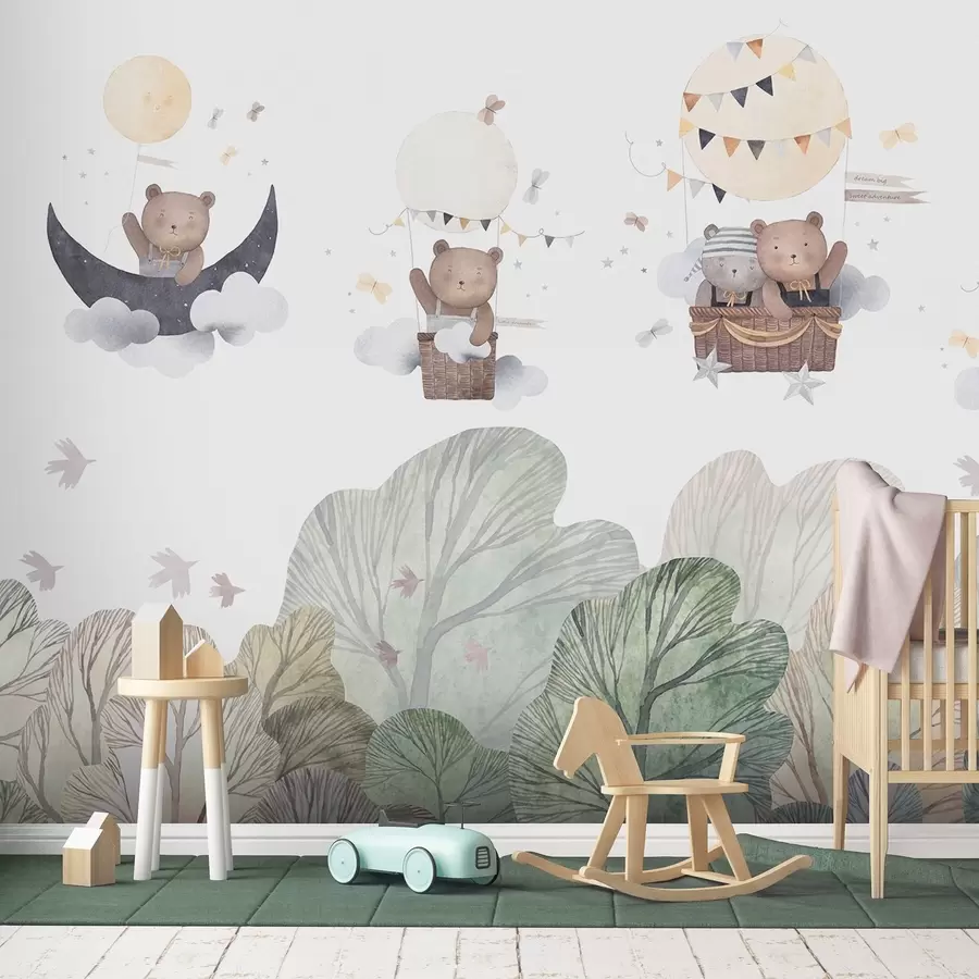 murais de parede Balões em estilo aquarela com ursos sobre a floresta w09437