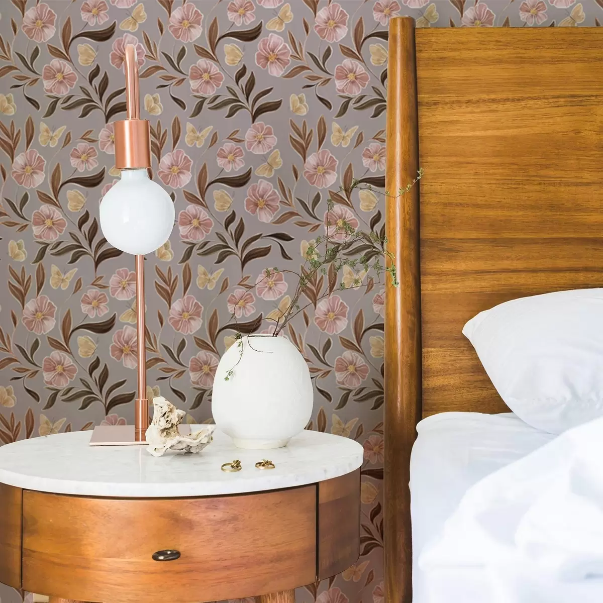 Papel de parede Flores cor-de-rosa e borboletas sobre um fundo cinza-bege a00633