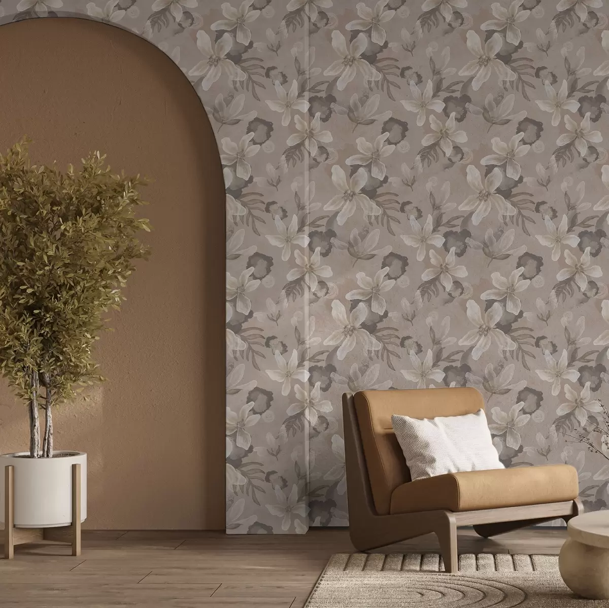 Papel de parede Grandes flores bege com manchas abstratas em aquarela a00635