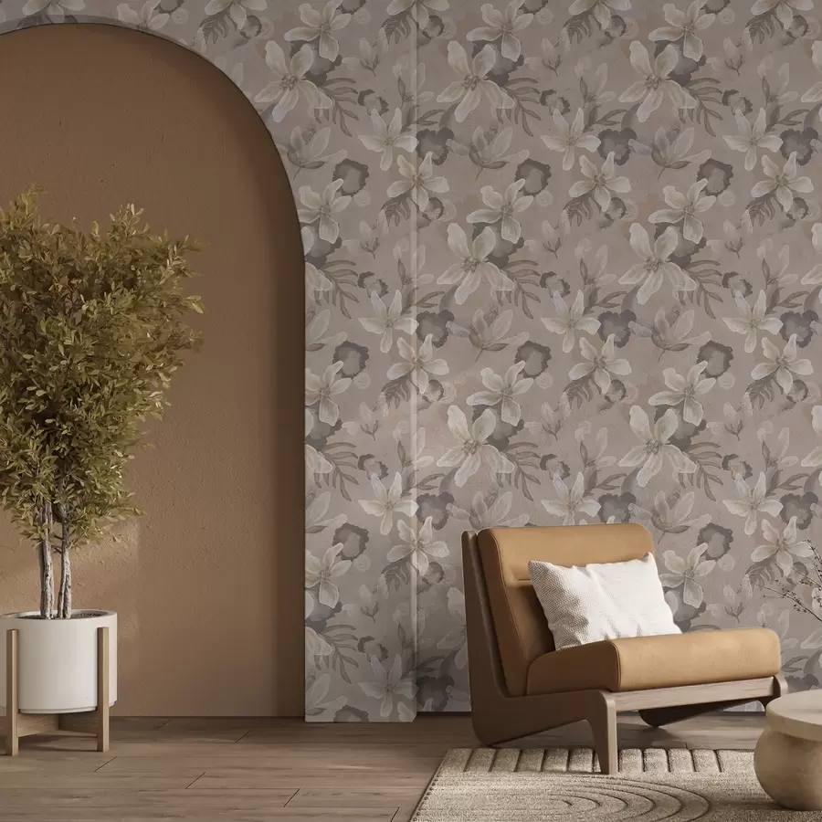 murais de parede Grandes flores bege com manchas abstratas em aquarela a00635