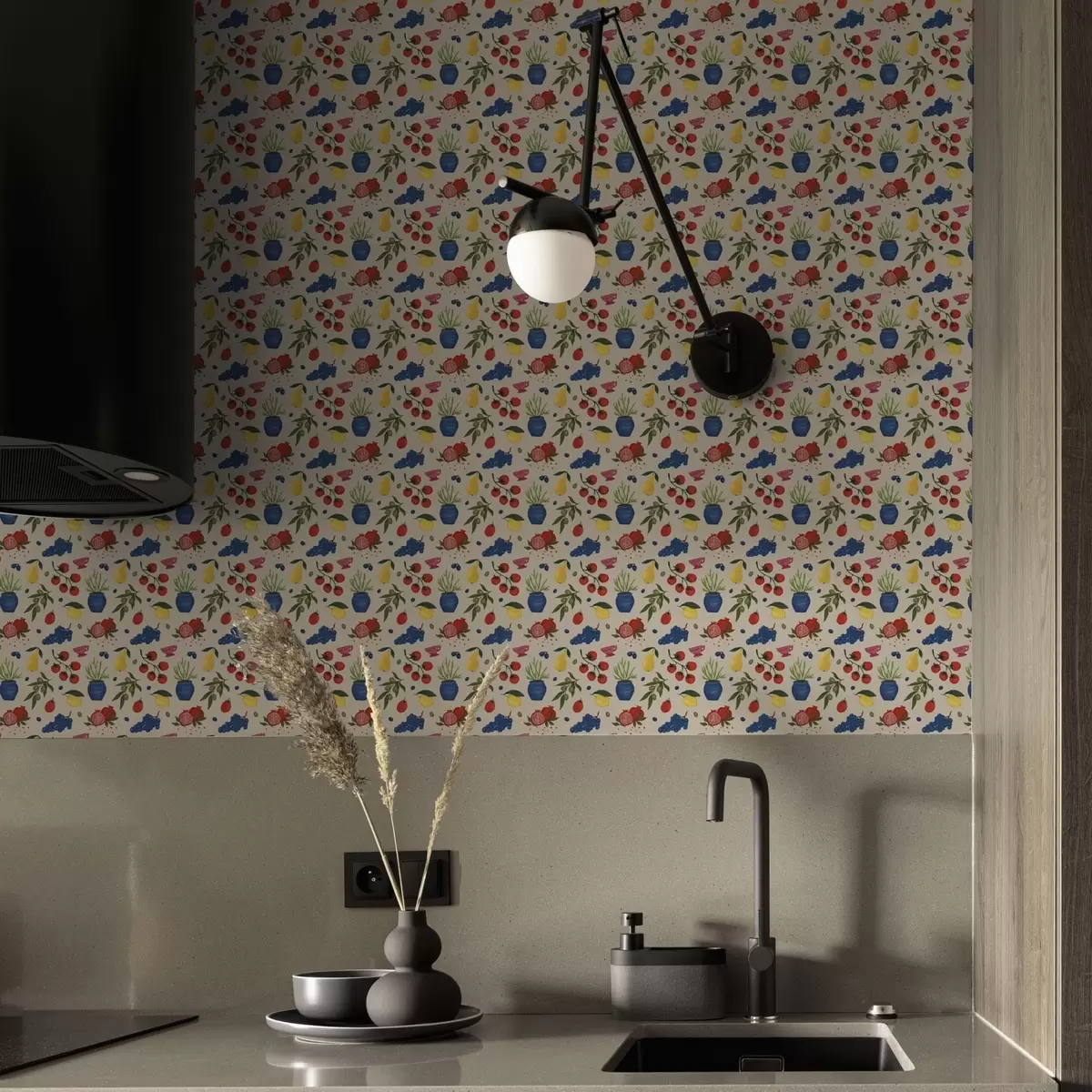 Papel de parede Padrão vibrante com frutas, galhos e vasos a00637