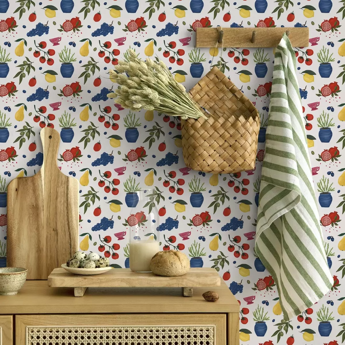 Papel de parede Padrão botânico com frutas brilhantes sobre fundo branco a00637v1