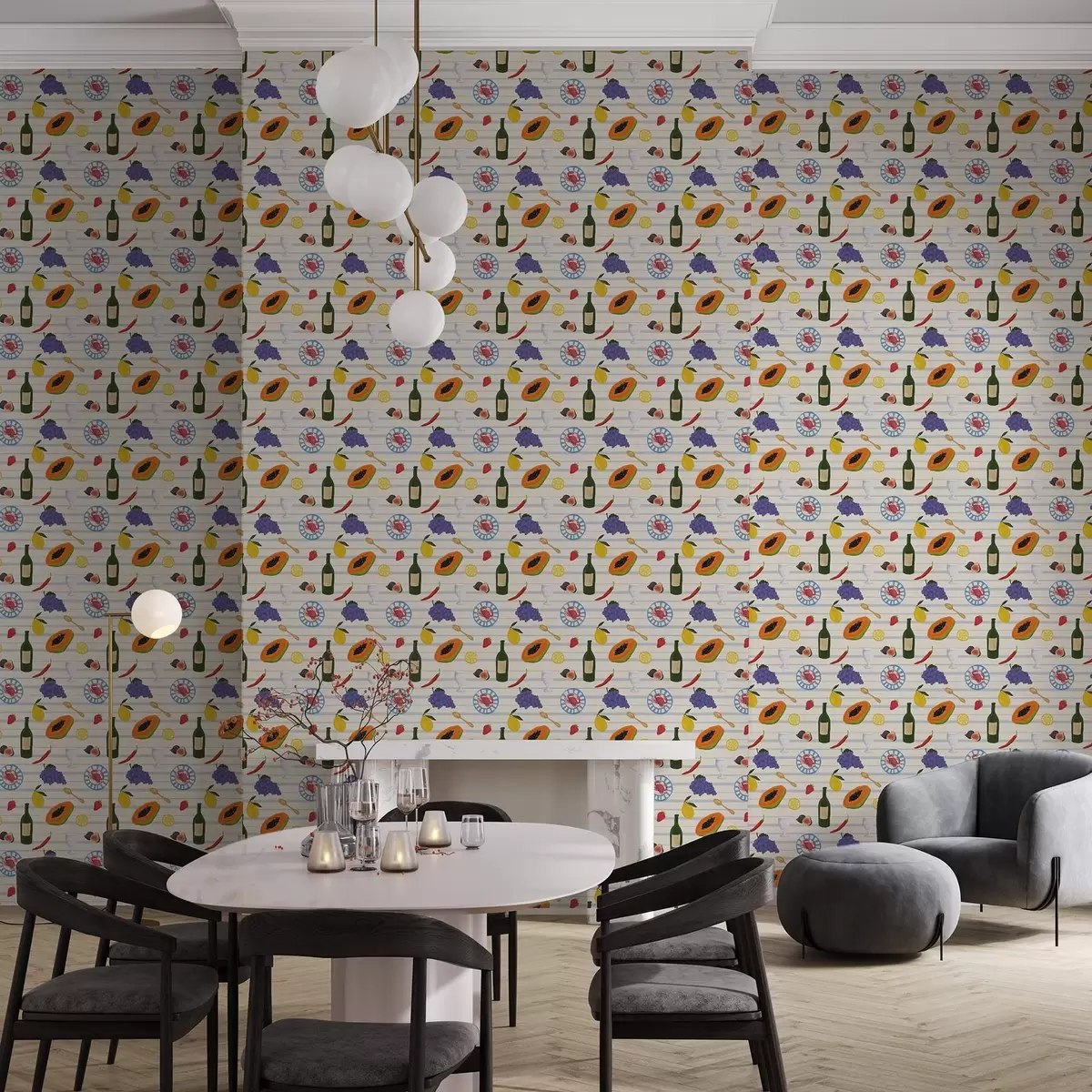 Papel de parede Impressão de cozinha com frutas, copos e pratos a00638