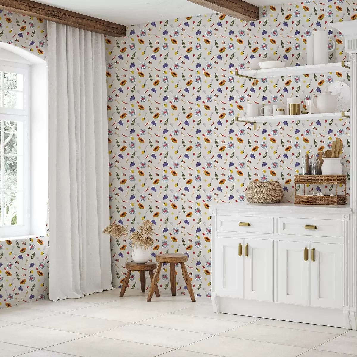 Papel de parede Frutas, vinho e especiarias dispostos sobre um fundo claro a00639