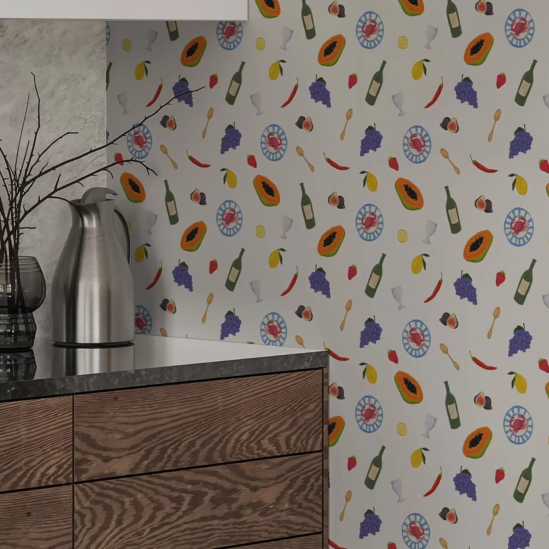 murais de parede Frutas, vinho e especiarias dispostos sobre um fundo claro a00639