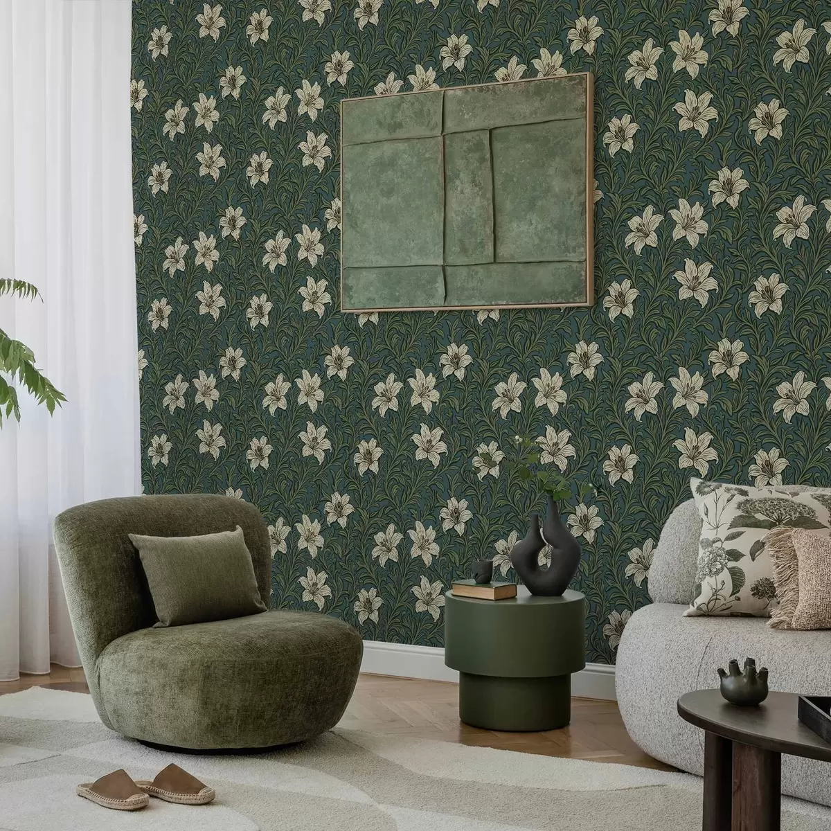 Papel de parede Lírios creme entre uma vegetação densa sobre um fundo turquesa a00645