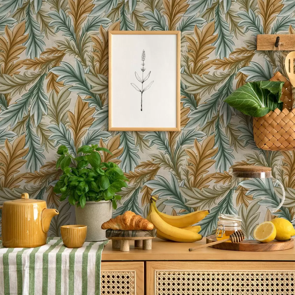 Papel de parede Folhagem decorativa em uma paleta quente de tons ocres e verdes a00673