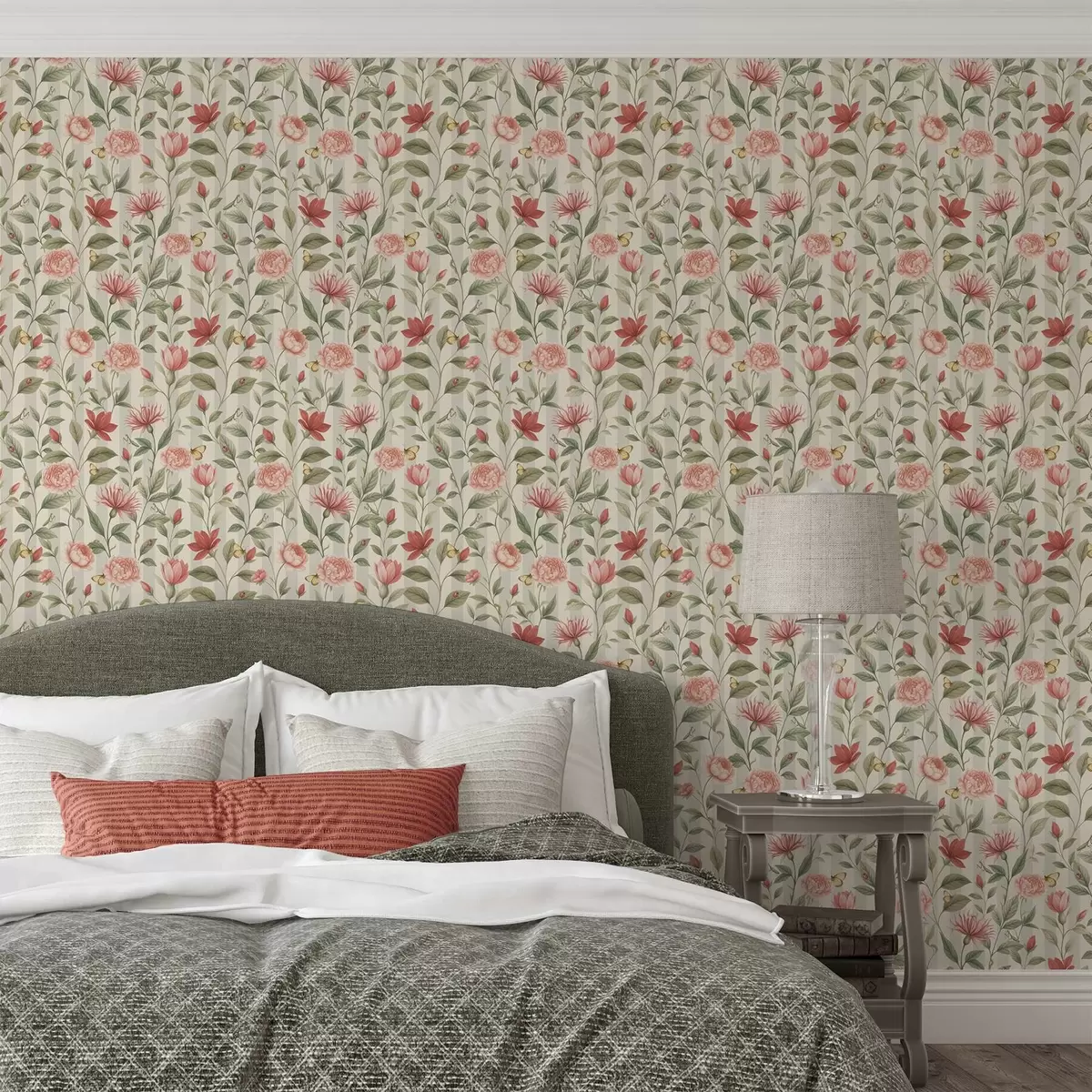 Papel de parede Caules florais com borboletas sobre um fundo claro a00698