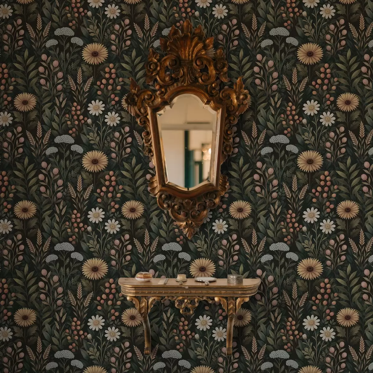 Papel de parede Flores silvestres e bagas sobre fundo escuro, ornamento natural a00707