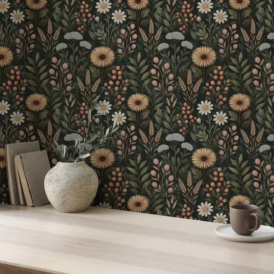 murais de parede Flores silvestres e bagas sobre fundo escuro, ornamento natural a00707